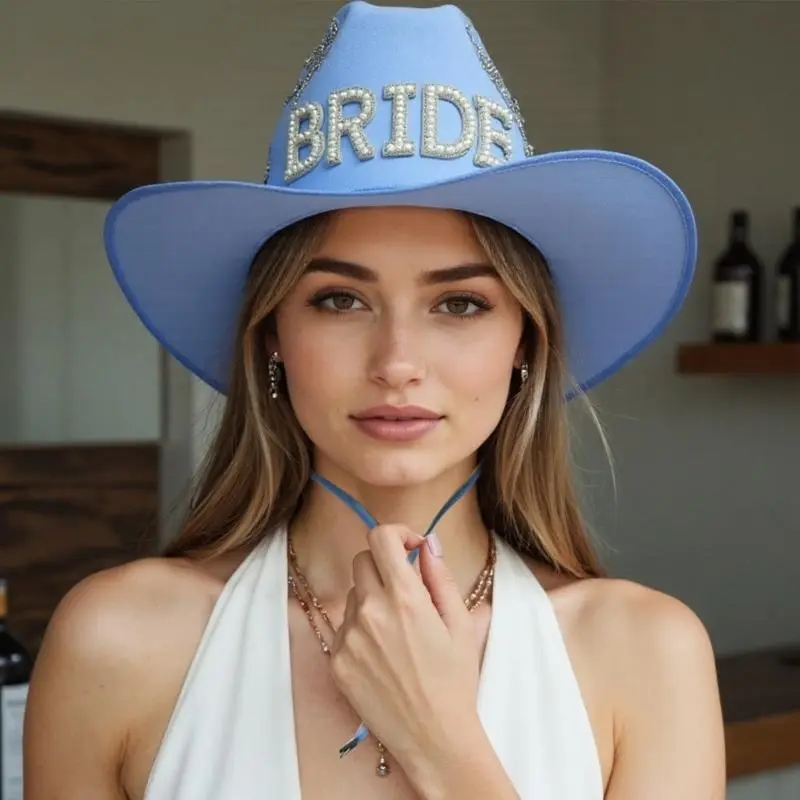 652F Sparkling Cowboy Hats Heavy Crystal Rhinestones Hat Blue for Bachelorette Party Bride Hat for Actor Actress