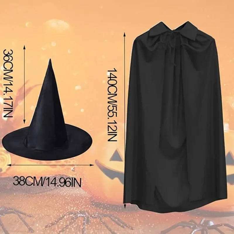 652F Witch Cloak Witch Hat Halloween Witch Costume, Witch Cape Costume Halloween Cloak for Kid Adult Halloween, Cosplay Party