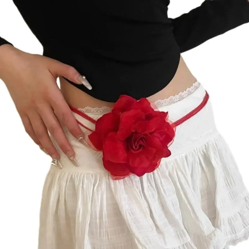 652F Handmade Weaving Waist Rope for Women Lady Dress Waist Belt with Flower Decorative Fashion Female Skirt Waist Rope