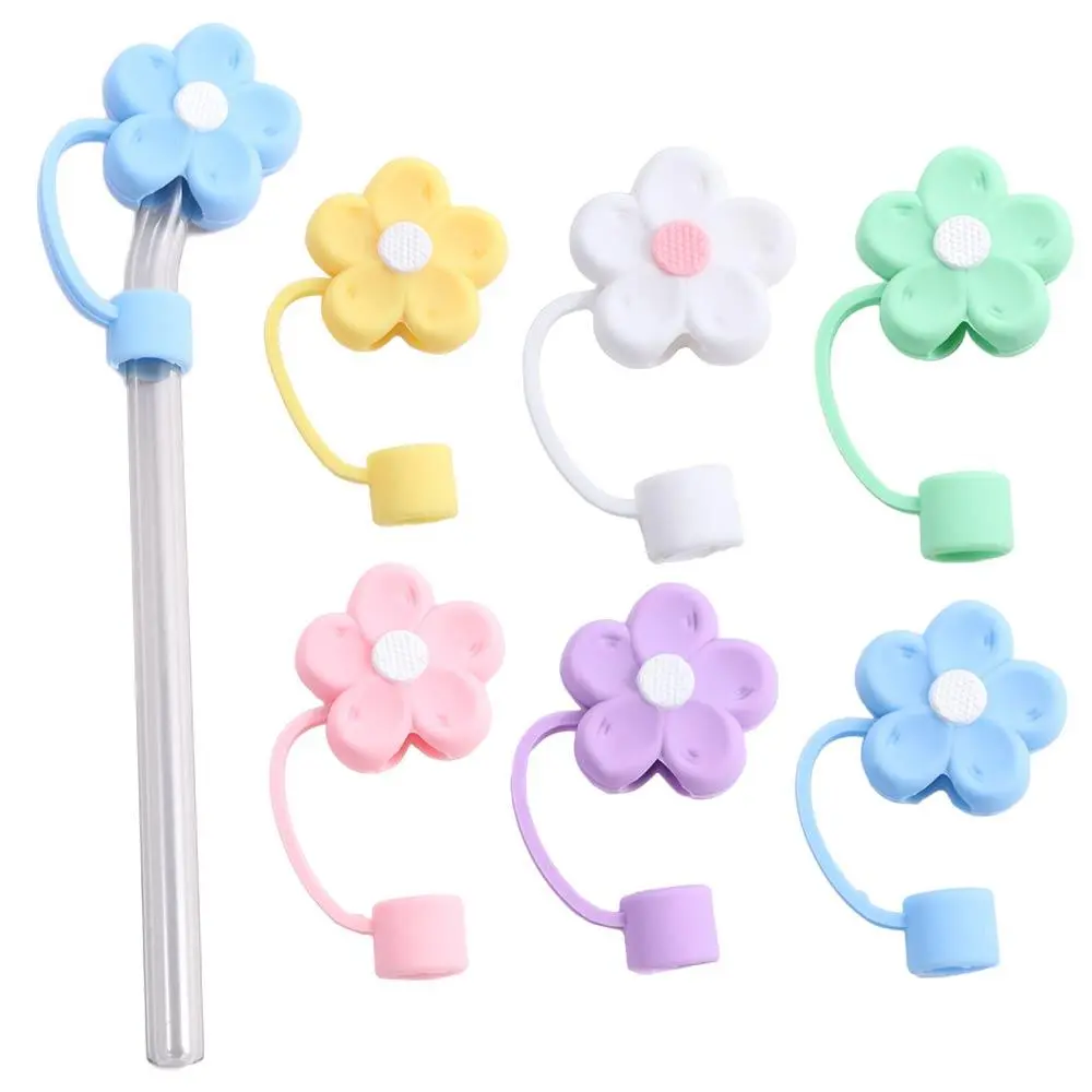 Flower Shape Silicone Straw Covers Soft Dust-Proof Straw Tips Cover with Handle Flower Straw Toppers for Tumblers