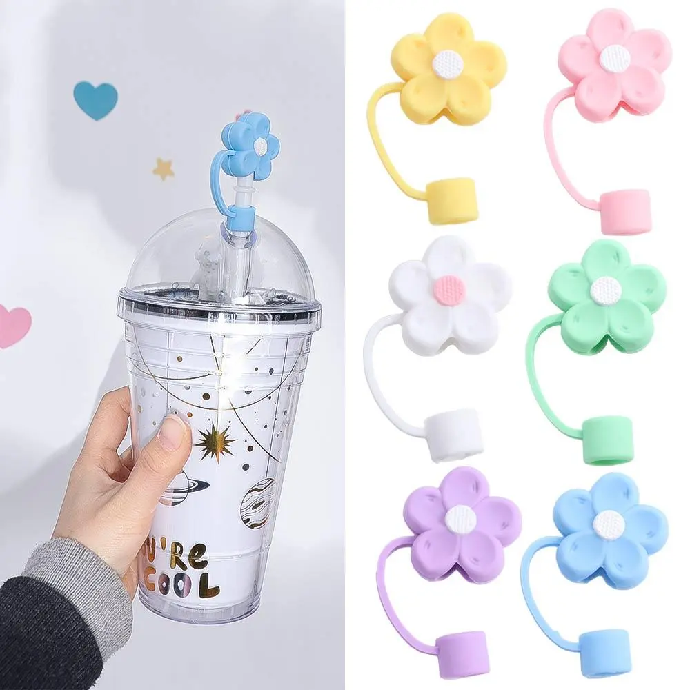 Flower Shape Silicone Straw Covers Soft Dust-Proof Straw Tips Cover with Handle Flower Straw Toppers for Tumblers