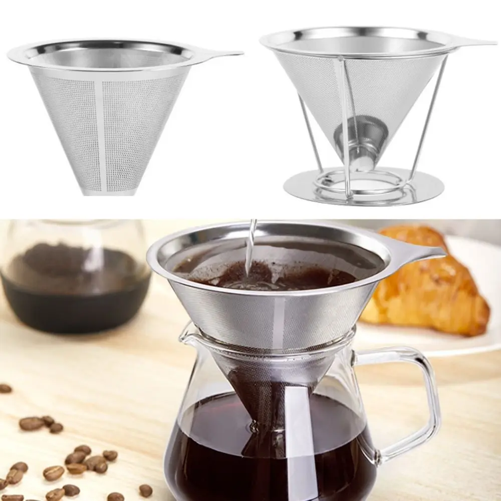 Double Layer Coffee Funnel Stainless Steel Reusable Coffee Filter 800 Mesh with Holder Coffees Drip Mesh Manual Coffee Maker