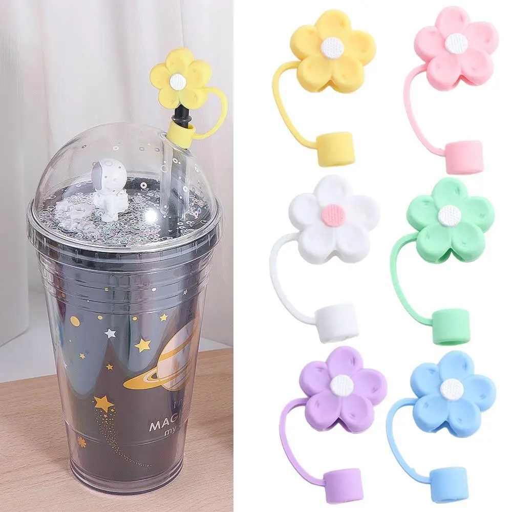 Flower Shape Silicone Straw Covers Soft Dust-Proof Straw Tips Cover with Handle Flower Straw Toppers for Tumblers