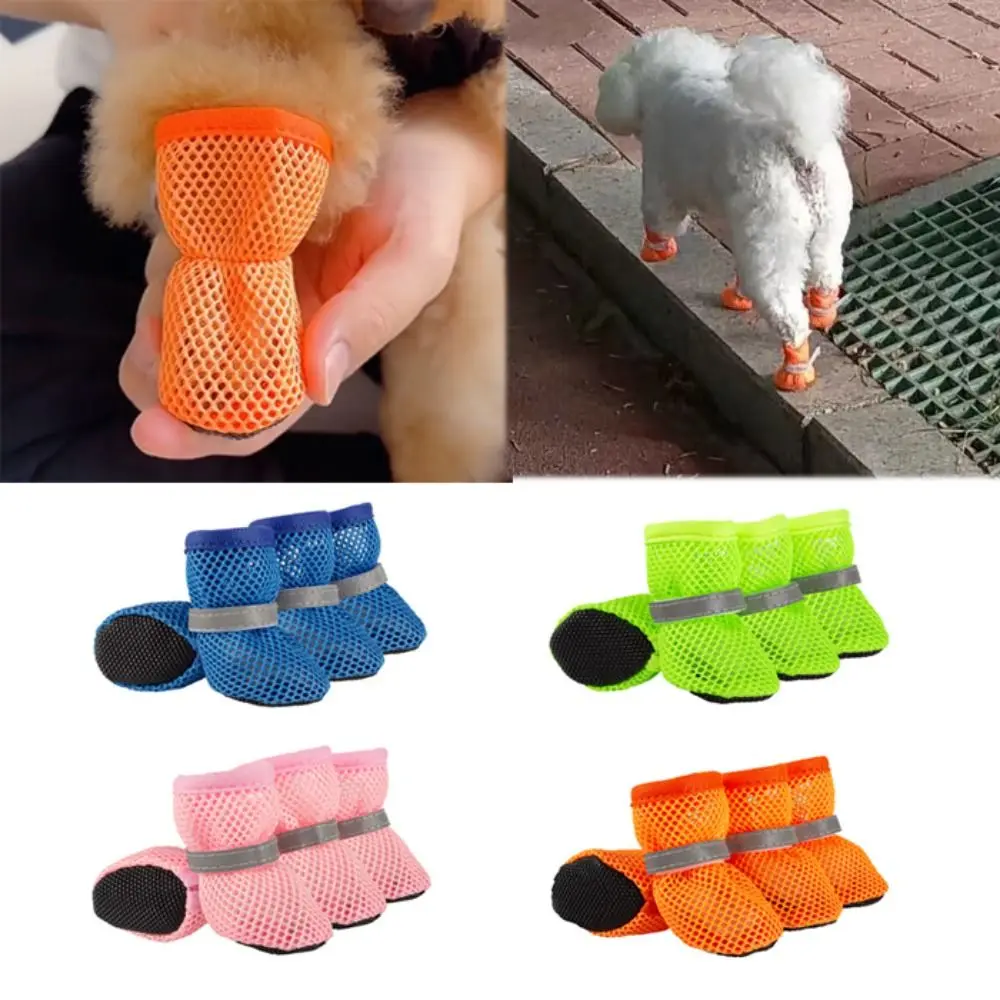 4pcs/set Fashion Breathable Dog Mesh Shoes Reflective Wear Resistant Pet Short Boots Non-slip Hollow Out Dog Shoes Spring