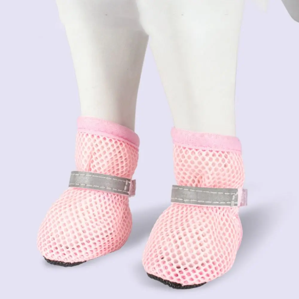4pcs/set Fashion Breathable Dog Mesh Shoes Reflective Wear Resistant Pet Short Boots Non-slip Hollow Out Dog Shoes Spring