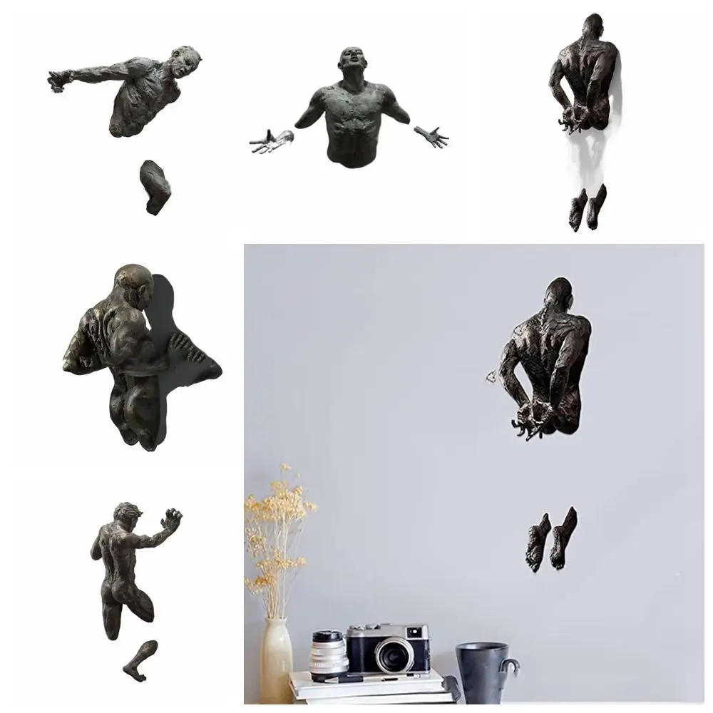 Simple 3D Wall-through Figure Statue Resin Through Wall Abstract Art Sculpture Climbing Man Through Wall Resin Crafts Home Decor