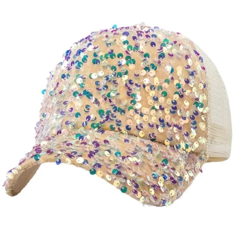 652F Eye-Catching Sequins Trucker Hat for Girls Women Adjustable Casual Hat for Outdoor Sequined Stylish Headwear