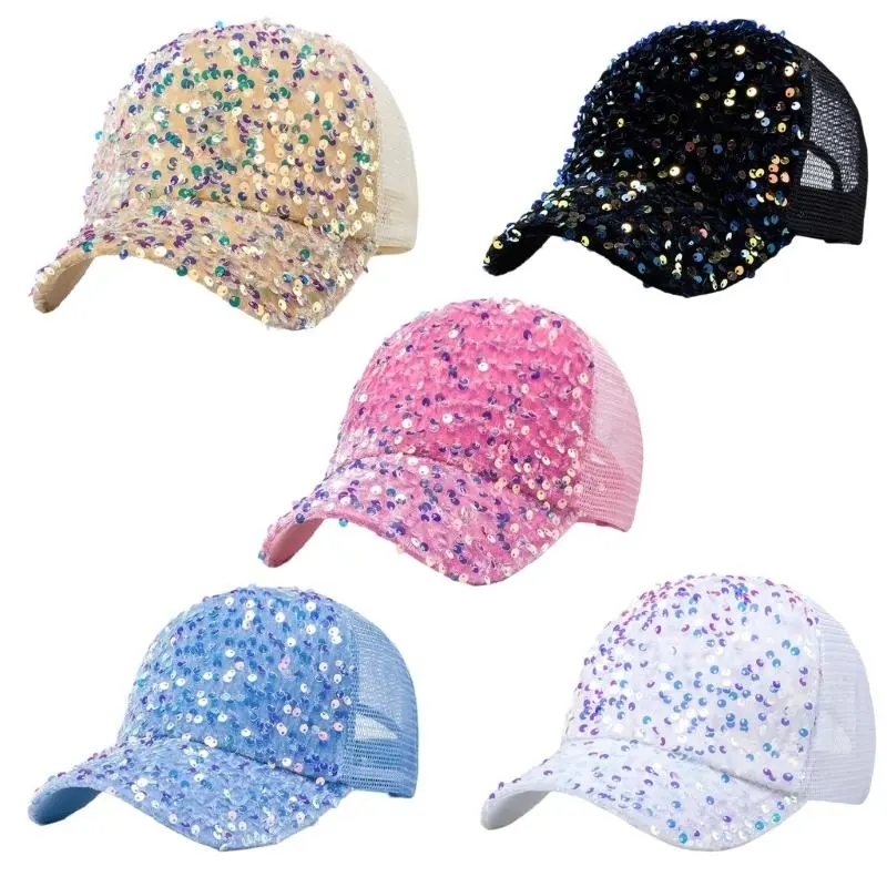 652F Eye-Catching Sequins Trucker Hat for Girls Women Adjustable Casual Hat for Outdoor Sequined Stylish Headwear