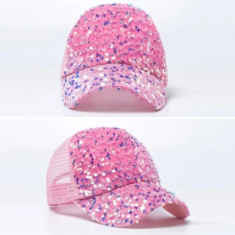 652F Eye-Catching Sequins Trucker Hat for Girls Women Adjustable Casual Hat for Outdoor Sequined Stylish Headwear