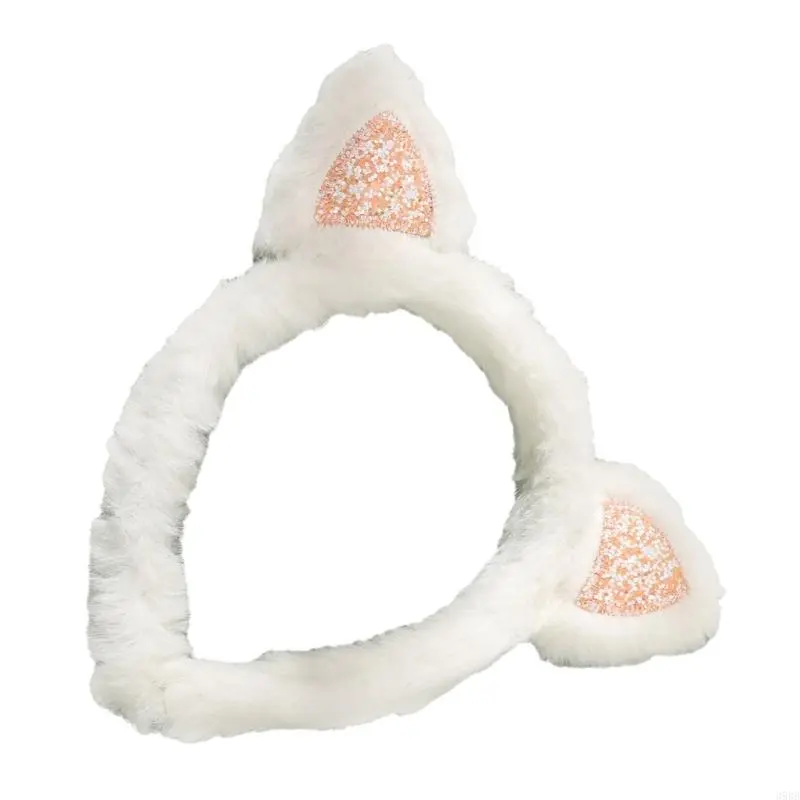 652F Hairband Kitten Ears Pink Glitter Furry Plush for Halloween Cosplay Makeup Wash Face Stage Play Hair Hoop