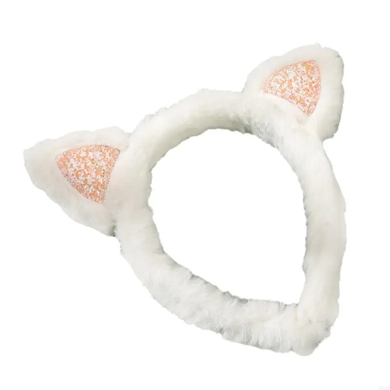 652F Hairband Kitten Ears Pink Glitter Furry Plush for Halloween Cosplay Makeup Wash Face Stage Play Hair Hoop