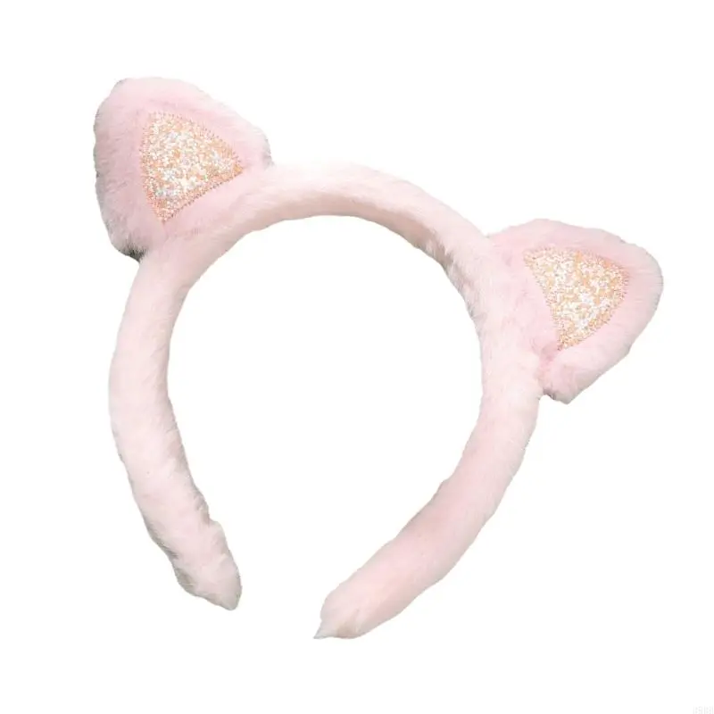652F Hairband Kitten Ears Pink Glitter Furry Plush for Halloween Cosplay Makeup Wash Face Stage Play Hair Hoop