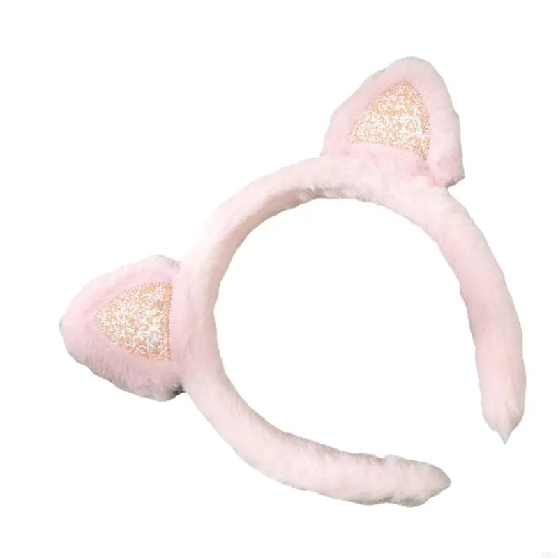 652F Hairband Kitten Ears Pink Glitter Furry Plush for Halloween Cosplay Makeup Wash Face Stage Play Hair Hoop