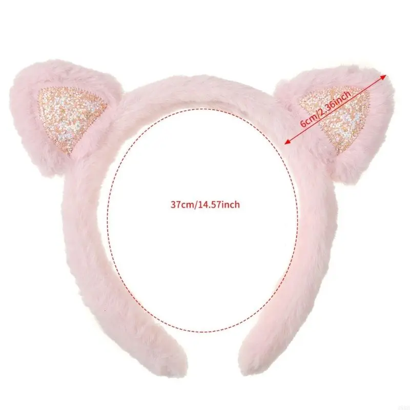 652F Hairband Kitten Ears Pink Glitter Furry Plush for Halloween Cosplay Makeup Wash Face Stage Play Hair Hoop