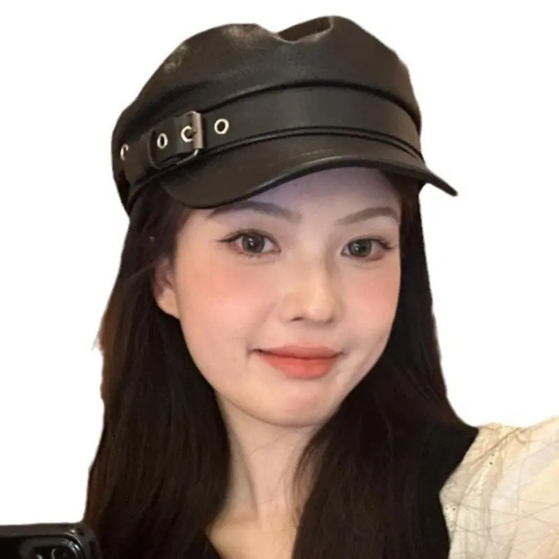 652F PU Painter Hat Flat Hat British for Dating Photography Cabbie Headwear Painter Hat with Star Grommet Hat