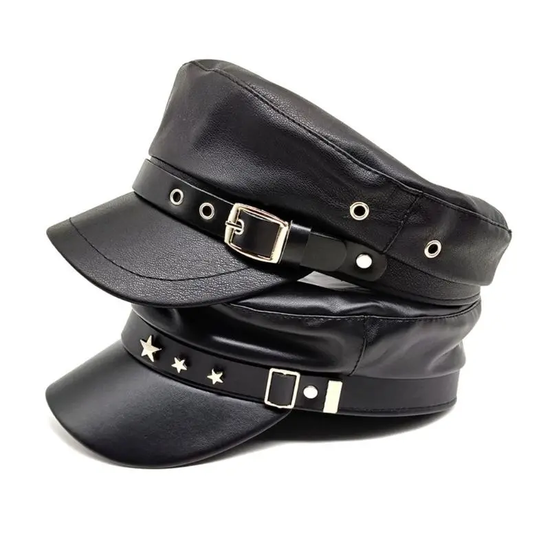 652F PU Painter Hat Flat Hat British for Dating Photography Cabbie Headwear Painter Hat with Star Grommet Hat