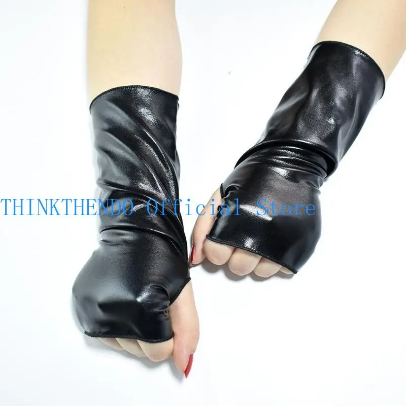 652F Exquisite Gothic Fingerless Dress Up Gloves Punk Gloves Gloss Leather Short Gloves for Halloween Christmas