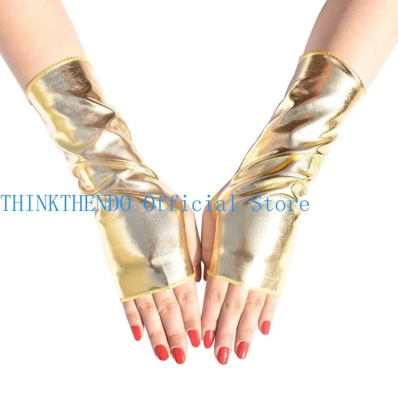 652F Exquisite Gothic Fingerless Dress Up Gloves Punk Gloves Gloss Leather Short Gloves for Halloween Christmas