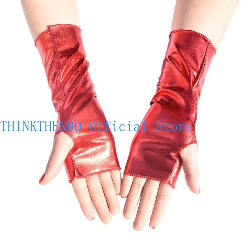 652F Exquisite Gothic Fingerless Dress Up Gloves Punk Gloves Gloss Leather Short Gloves for Halloween Christmas