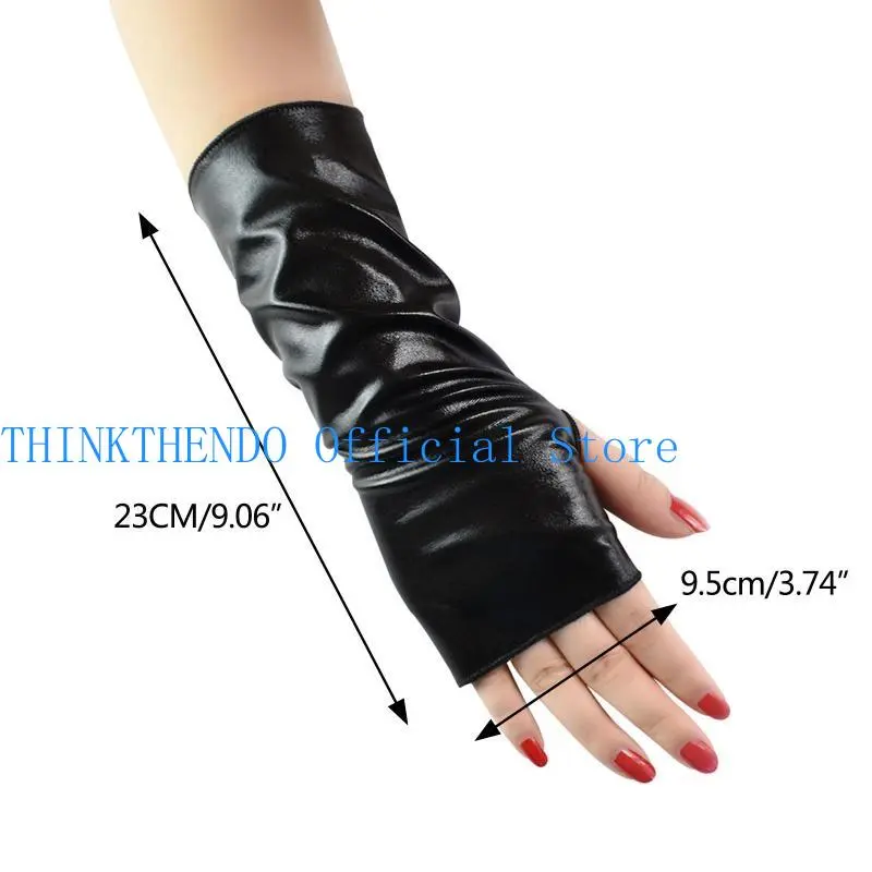 652F Exquisite Gothic Fingerless Dress Up Gloves Punk Gloves Gloss Leather Short Gloves for Halloween Christmas