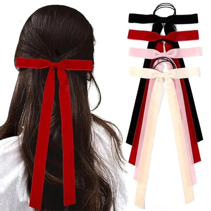 652F Elegant Skinny Hair Bows with Long Tassels Tails Ribbon Hair Scrunchie for Women and Girls for Fall Winter Outfits