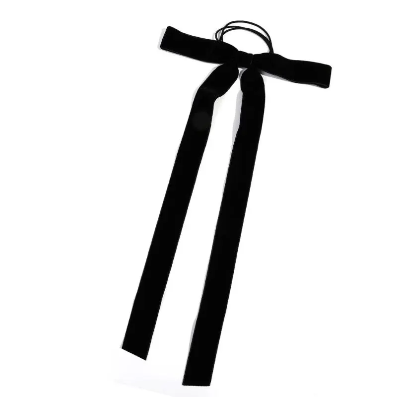 652F Elegant Skinny Hair Bows with Long Tassels Tails Ribbon Hair Scrunchie for Women and Girls for Fall Winter Outfits