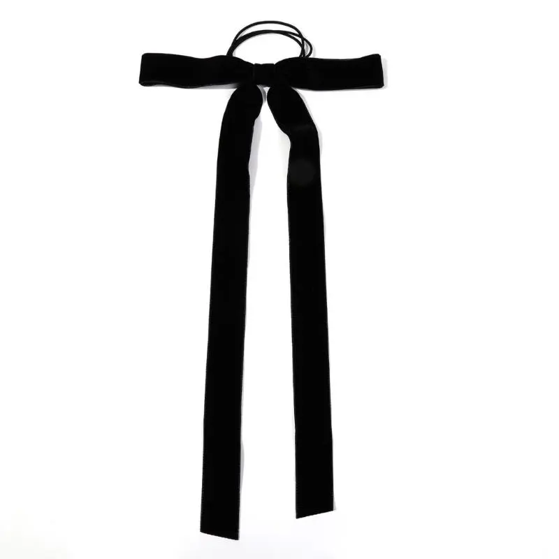 652F Elegant Skinny Hair Bows with Long Tassels Tails Ribbon Hair Scrunchie for Women and Girls for Fall Winter Outfits