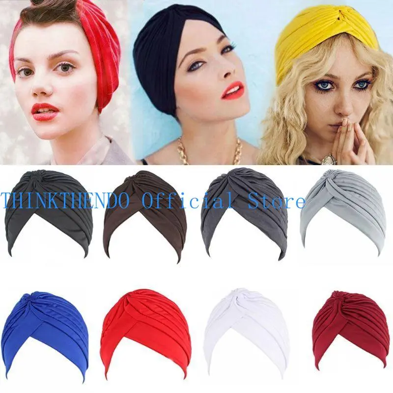 39BB Women Turban Solid Color Beanie Headscarf Elastic Twisted Ruched Headwrap