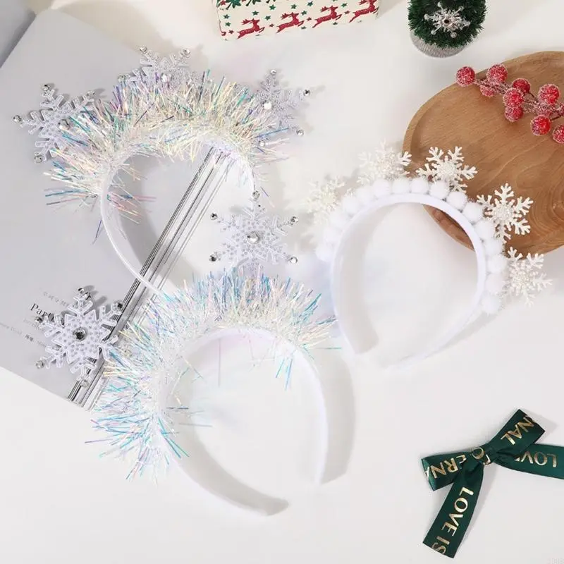 652F Christmas Headband White Snowflake Hair Bands Glittering Rhinestones Headpiece for Women and Girls Winter Party