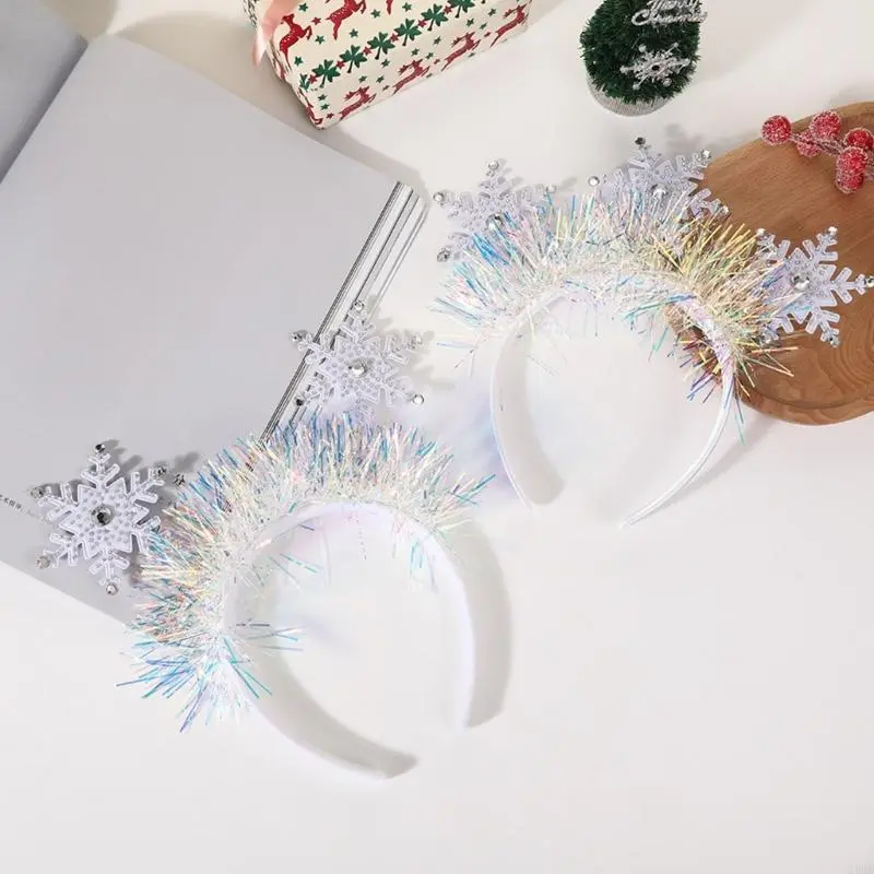 652F Christmas Headband White Snowflake Hair Bands Glittering Rhinestones Headpiece for Women and Girls Winter Party