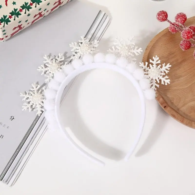652F Christmas Headband White Snowflake Hair Bands Glittering Rhinestones Headpiece for Women and Girls Winter Party
