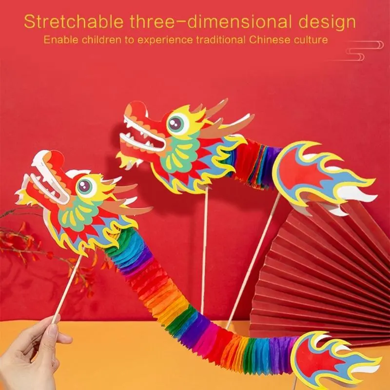 39BB DIY Paper Dragon Puppet Kits Chinese New Year Dragon Dance Toy Paper Dragon Toy for Kids Spring Festival Christmas Gift