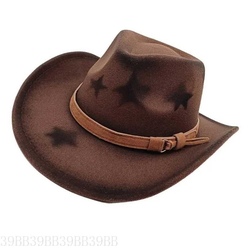652F Homburg Cowboy Hats with Star Print Maillard Belt Trim Hat Top Hat Classical Porkpie Hat for Boy Men Headwear