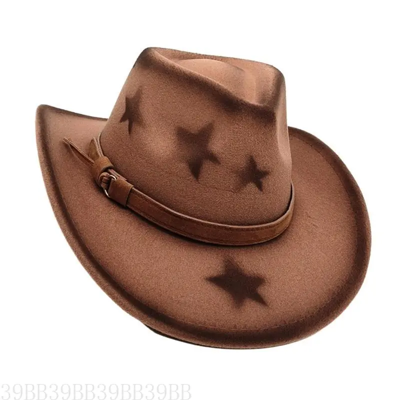 652F Homburg Cowboy Hats with Star Print Maillard Belt Trim Hat Top Hat Classical Porkpie Hat for Boy Men Headwear