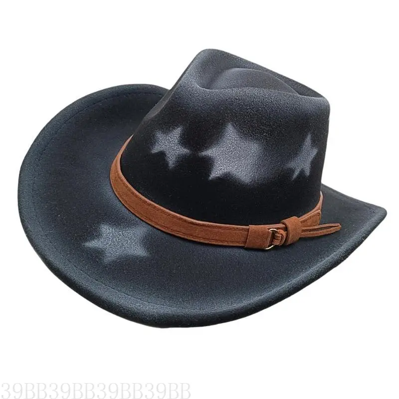 652F Homburg Cowboy Hats with Star Print Maillard Belt Trim Hat Top Hat Classical Porkpie Hat for Boy Men Headwear