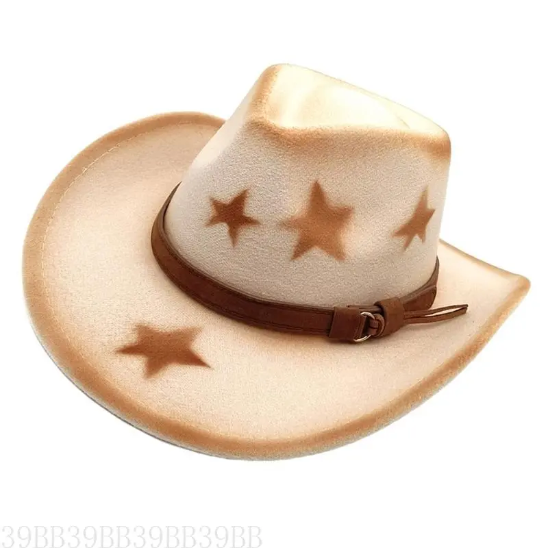 652F Homburg Cowboy Hats with Star Print Maillard Belt Trim Hat Top Hat Classical Porkpie Hat for Boy Men Headwear
