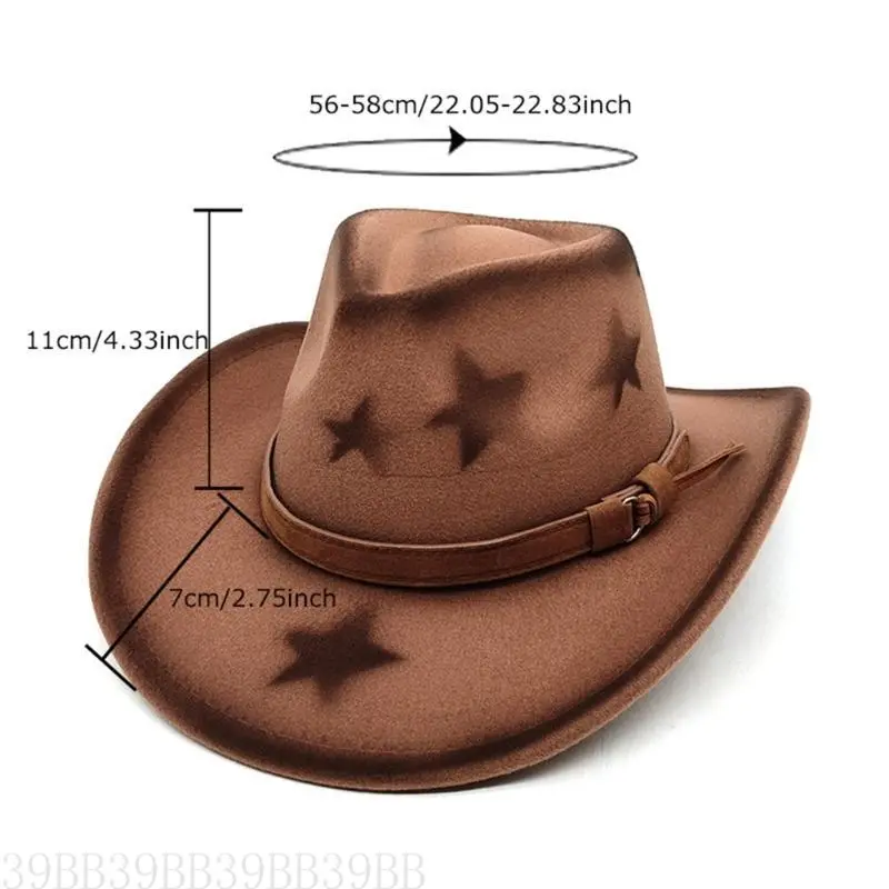 652F Homburg Cowboy Hats with Star Print Maillard Belt Trim Hat Top Hat Classical Porkpie Hat for Boy Men Headwear