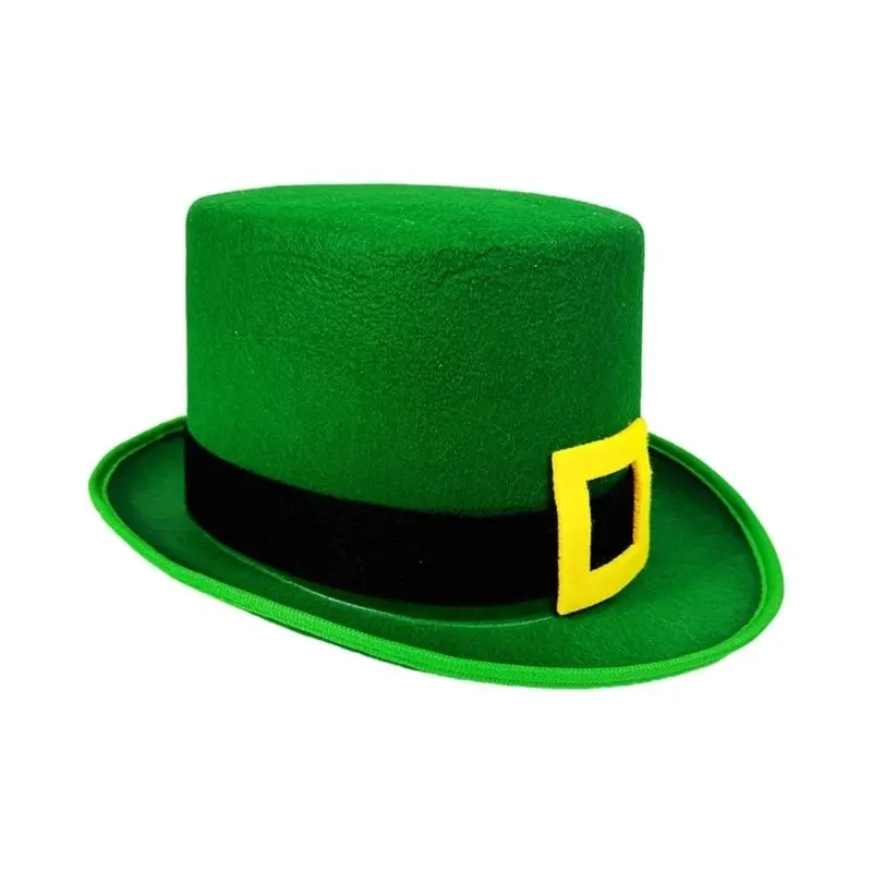 652F Homburg Party Hat Leprechaun Green Trim Top Hat Green Porkpie Hat for Boy Men Club Irish Holiday Accessories