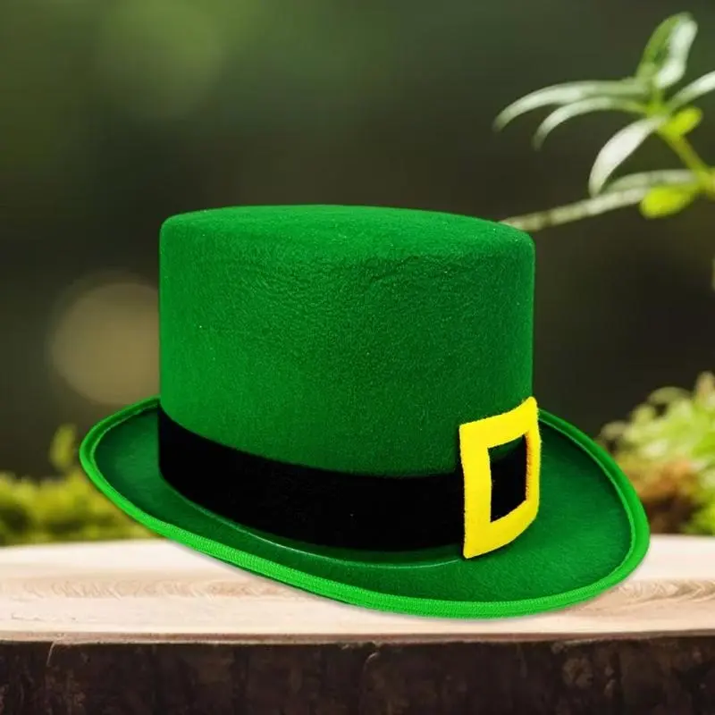652F Homburg Party Hat Leprechaun Green Trim Top Hat Green Porkpie Hat for Boy Men Club Irish Holiday Accessories
