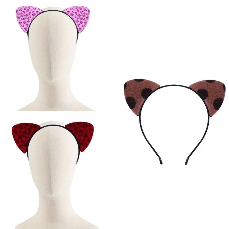 652F Leopard Pattern Cats Ear Hairband for Women Girl Birthday Party Hairhoop RolePlay Game Props Headband for Theme Event