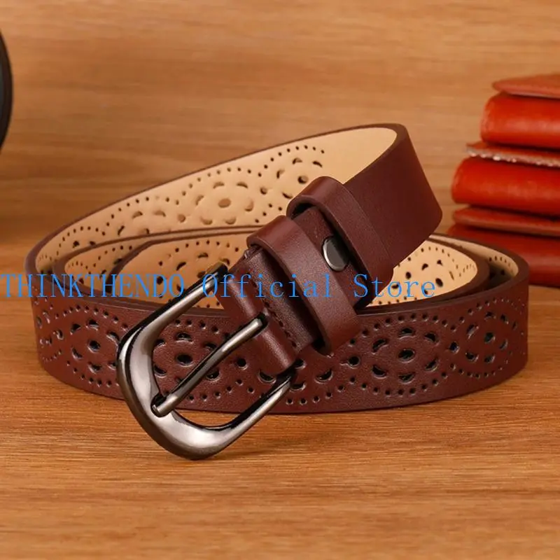 39BB Vintage Leather Waist Belt Hollows Flower Pattern Waistband Women Fashion Belt