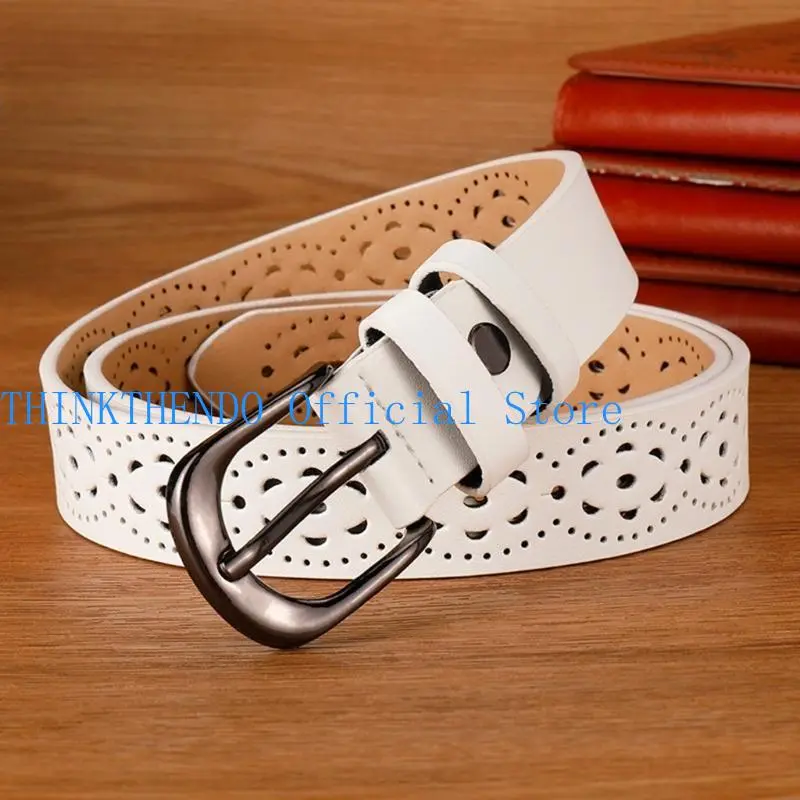 39BB Vintage Leather Waist Belt Hollows Flower Pattern Waistband Women Fashion Belt