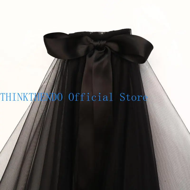 652F Bridal Veil Women's Simple Tulle Short Halloween Party Wedding Veil Ribbon with Bowknot for Wedding Party