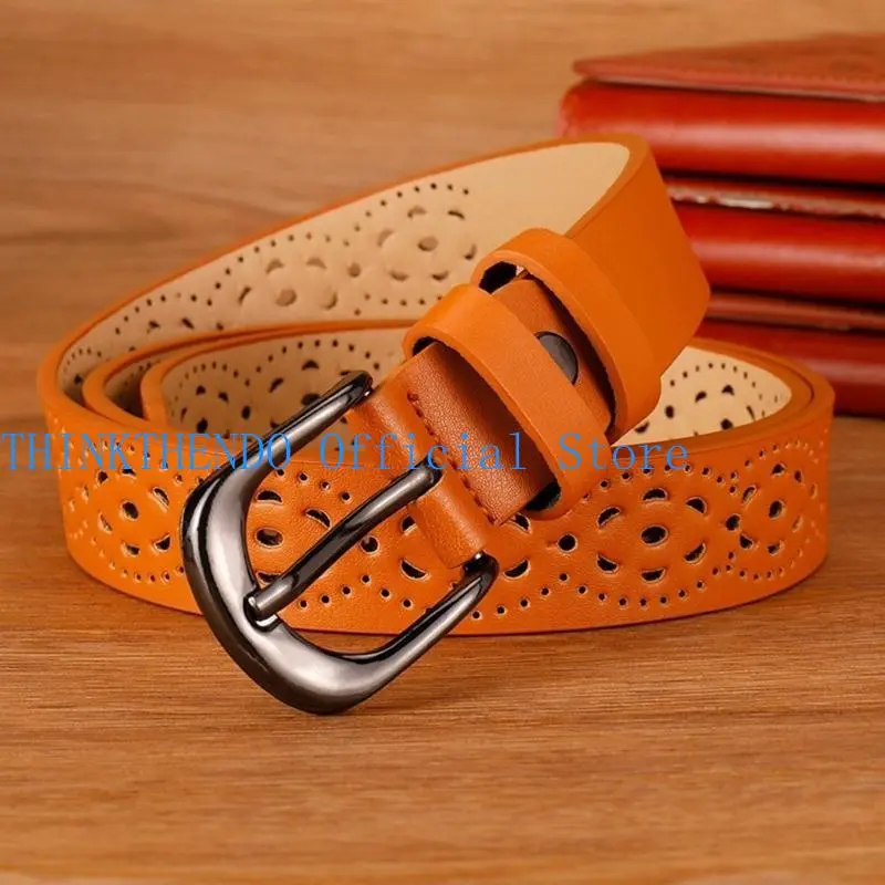 39BB Vintage Leather Waist Belt Hollows Flower Pattern Waistband Women Fashion Belt