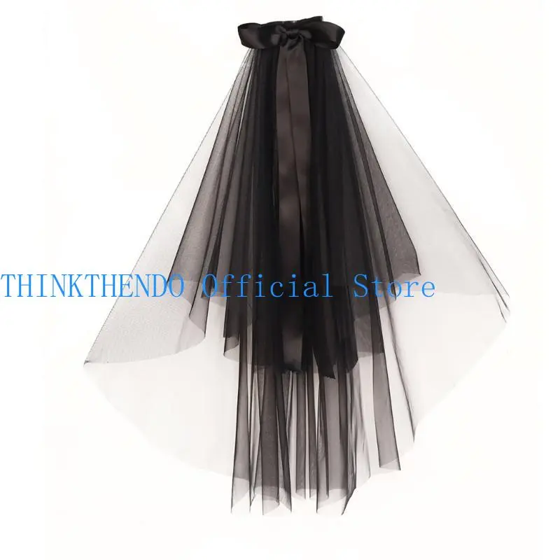 652F Bridal Veil Women's Simple Tulle Short Halloween Party Wedding Veil Ribbon with Bowknot for Wedding Party