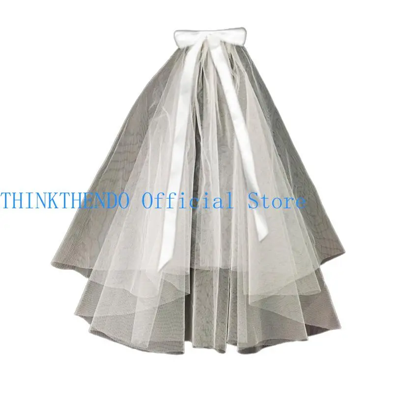 652F Bridal Veil Women's Simple Tulle Short Halloween Party Wedding Veil Ribbon with Bowknot for Wedding Party