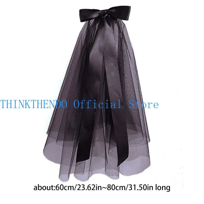652F Bridal Veil Women's Simple Tulle Short Halloween Party Wedding Veil Ribbon with Bowknot for Wedding Party