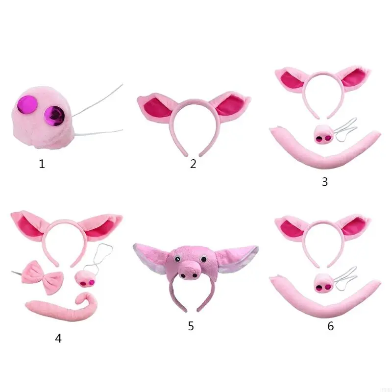 652F Pink Pig Costume Set Soft Pig Ear Headband Nose Tail Halloween Animal Headdress Cosplay Props for Party Decoration