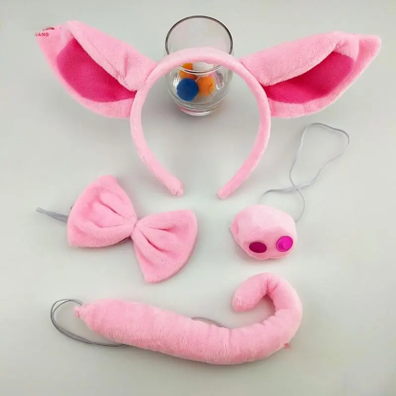 652F Pink Pig Costume Set Soft Pig Ear Headband Nose Tail Halloween Animal Headdress Cosplay Props for Party Decoration