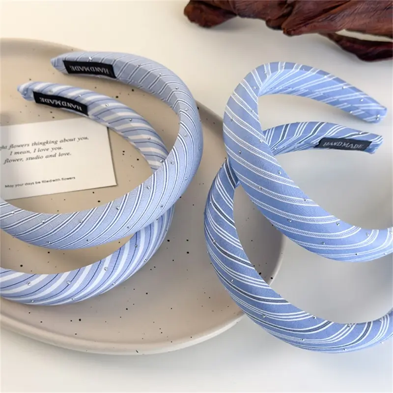 652F Contemporary Hairband Blue Striped Design Cushioned Fabric Headwear Hair Accessories For Daily Use Hair Styling